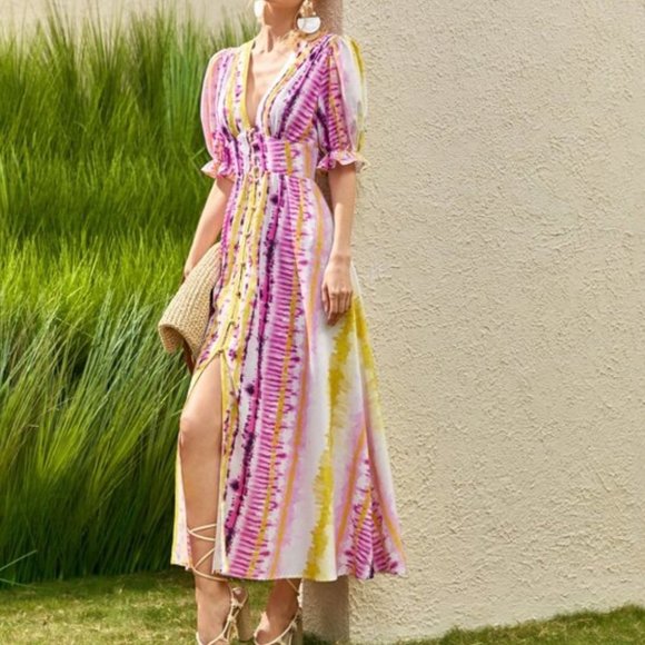 Tie Dye Puff Sleeve Button Down Maxi Dress - Picture 7 of 9